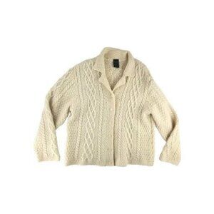 Paul James Womens L 100% Wool Cable Knit Cream Long Sleeve Button Up Sweater